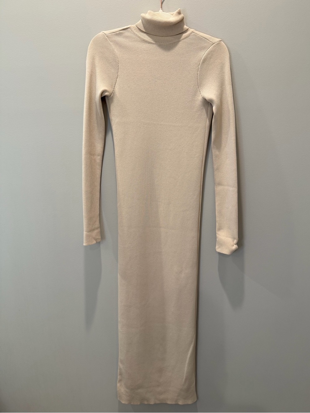 Mango Ribbed Knit Turtleneck Open Back Midi Dress – XS – Cream/Beige